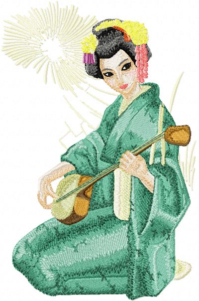 Geisha with Musical Instrument machine embroidery design