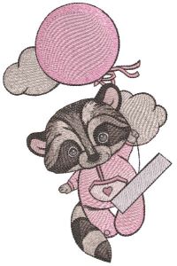 Raccoon in pink pajamas climbs on balloon embroidery design