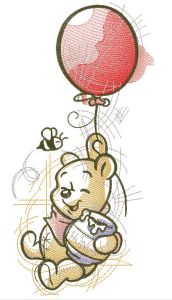 Winne Pooh flies in a balloon embroidery design