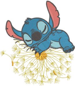 Stitch sleeps on a dandelion embroidery design
