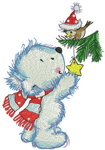 White bear decorates New Year tree machine embroidery design