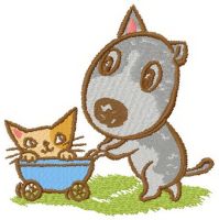 Dog and baby kitten embroidery design