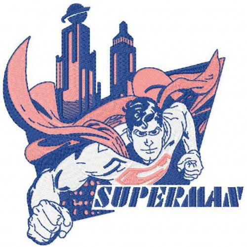 Superman flying in the city machine embroidery design