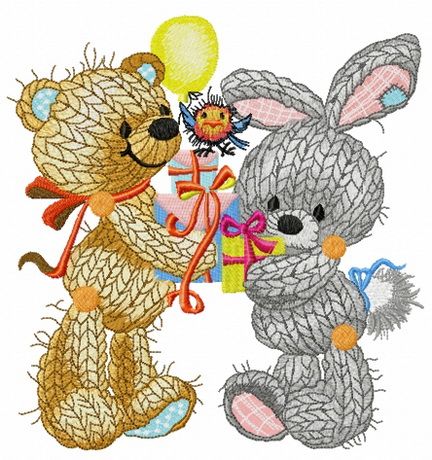 Knitted bear and bunny machine embroidery design