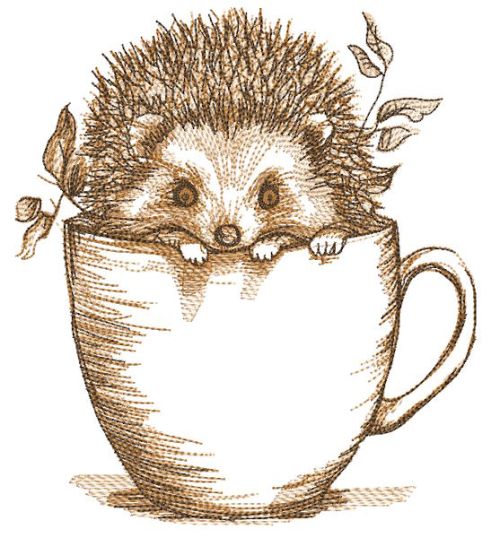 Autumn hedgehog in a mug embroidery design