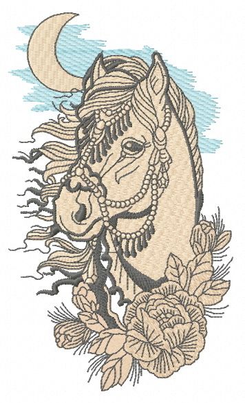 Horse in moonlight machine embroidery design      