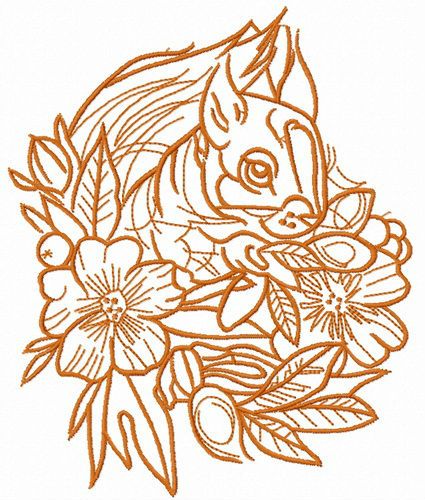 Squirrel and flowers one color machine embroidery design