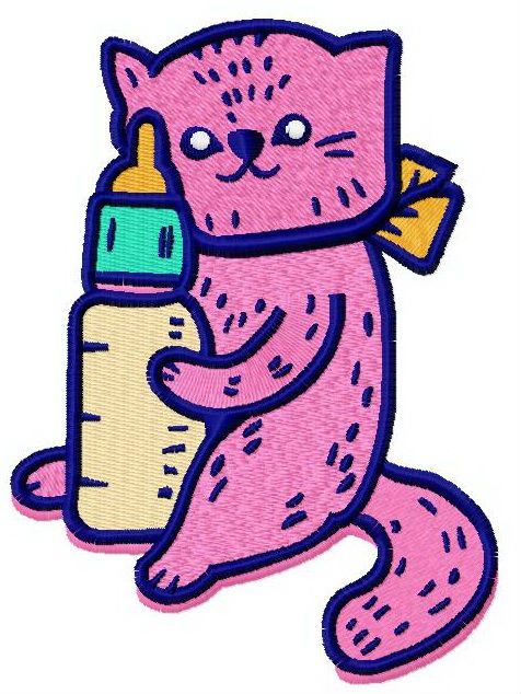 Pink cat with baby bottle machine embroidery design