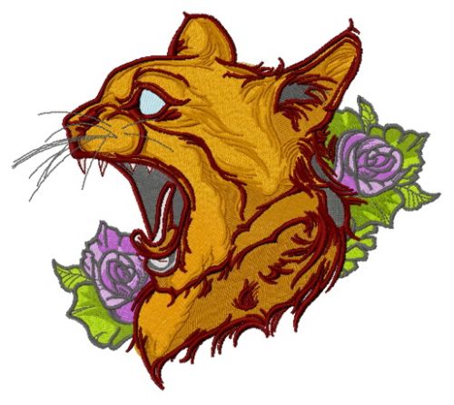 Yawning cat with roses machine embroidery design