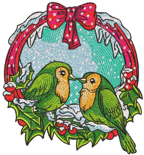 Christmas wreath with birds embroidery design