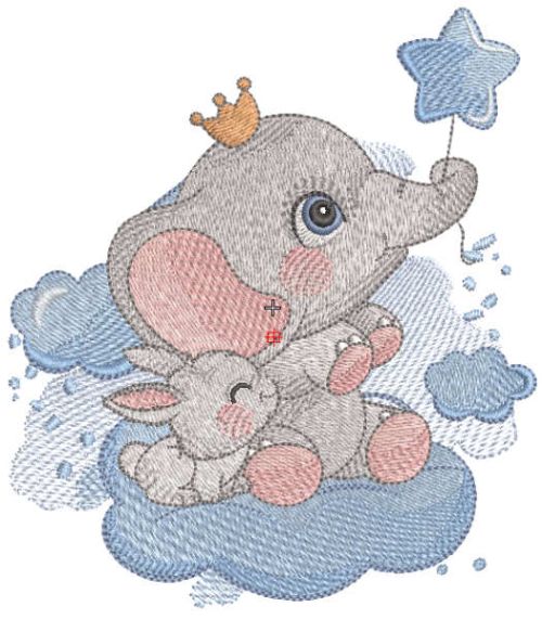 King elephant with baby bunny embroidery design
