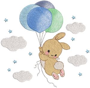 Diseño de bordado de conejito volando sobre un montón de globos