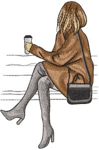 Woman on bench with glass of coffee embroidery design