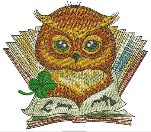 Clever owl reading a book machine embroidery design