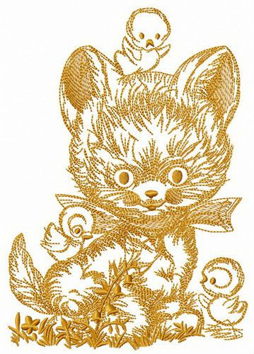 Kitten with chickens machine embroidery design 