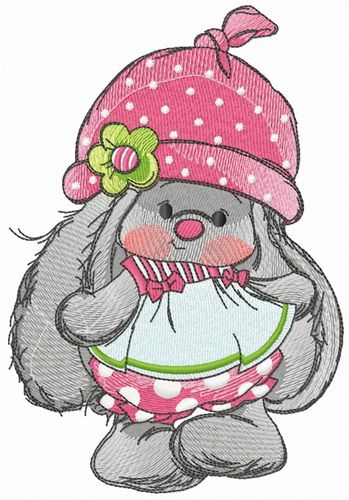 Bunny Mi with polka dot pants and hat machine embroidery design