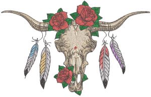 Buffalo skull with feathers and roses