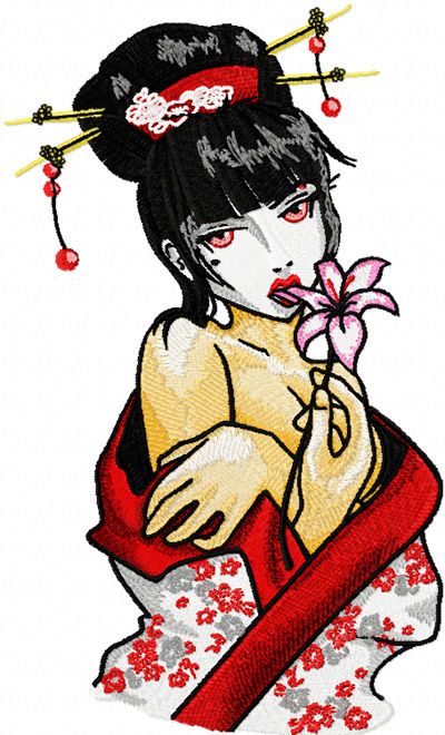 Modern Geisha with Flower machine embroidery design