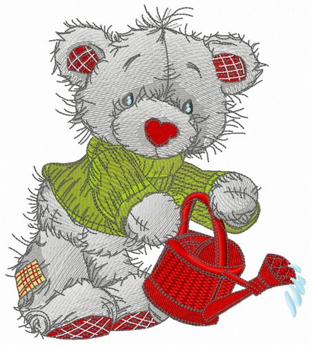 Bear with red watering can machine embroidery design