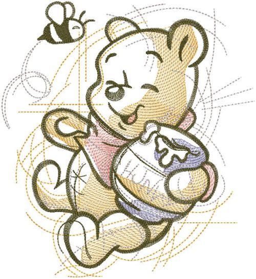 Funny pooh honey pot bee sketch embroidery design