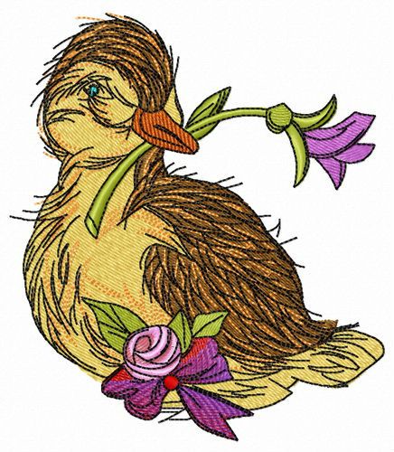 Duckling with flower in beak machine embroidery design 