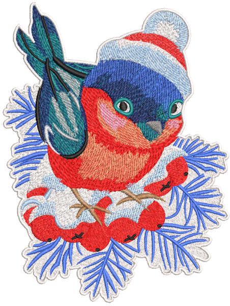 Christmas bullfinch with knitted hat embroidery design