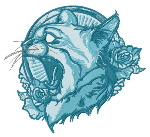 Yawning cat with roses blue gamma machine embroidery design