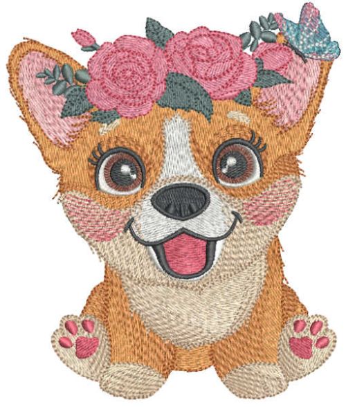 Corgi with flower wreath embroidery design