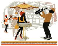 Saxophone music in french cafe embroidery design