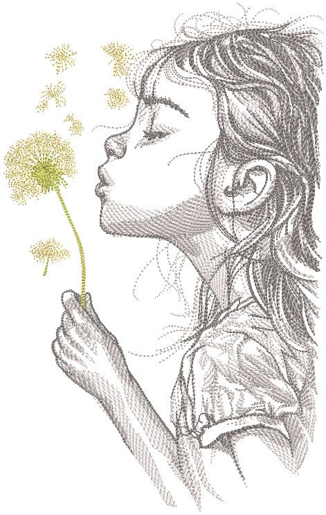 girl blowing on a dandelion embroidery design