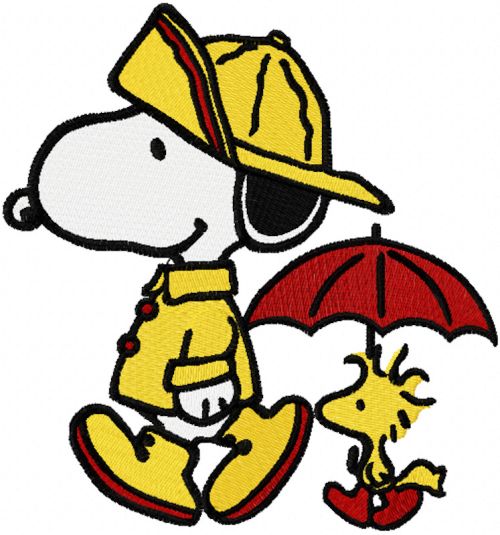Snoopy and Woodstock walking under rain machine embroidery design