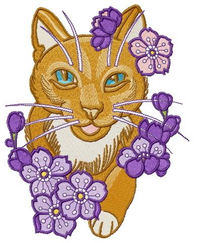 Kitty with purple flowers machine embroidery design