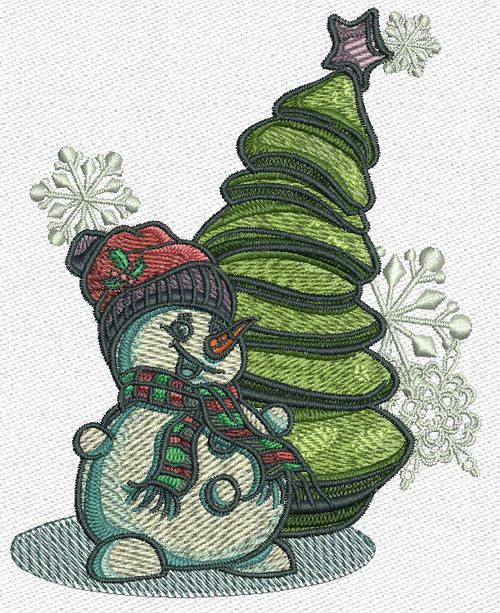 Snowman near fir tree machine embroidery design