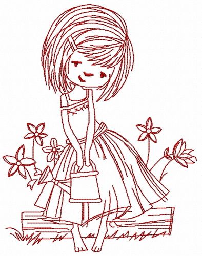 Girl with watering can 3 machine embroidery design