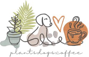 Desenho de bordado de plantas, cães e café