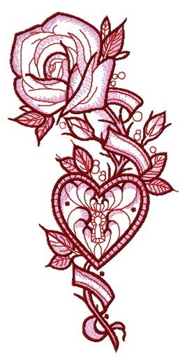 Rose and locked heart machine embroidery design