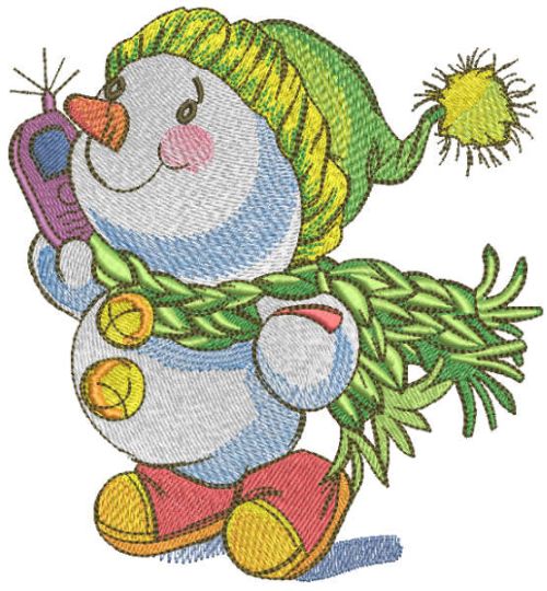 Snowman on walk with phone embroidery design