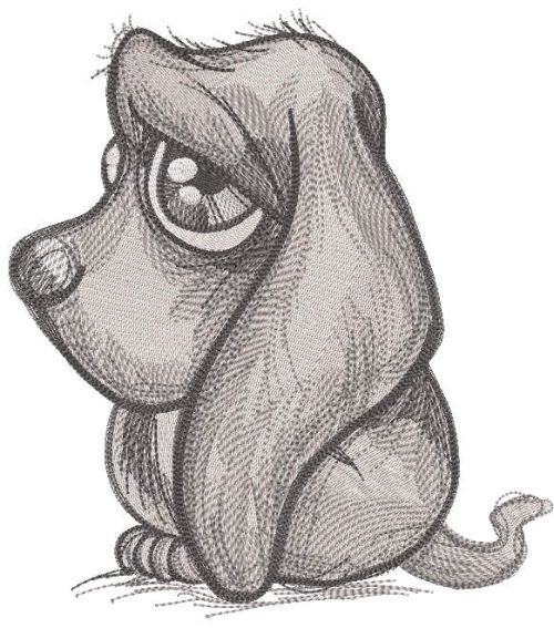 Sad puppy greyscale embroidery design