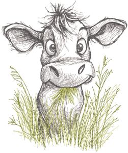 Calf chewing grass sketch embroidery design
