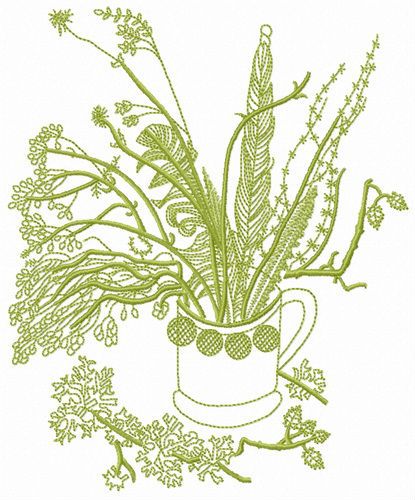 Cup with grass and feathers machine embroidery design
