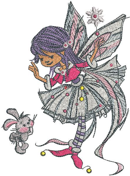 Young fairy with bunny machine embroidery design