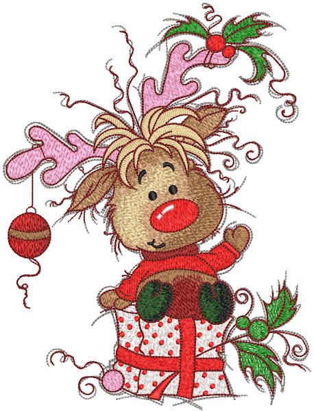 Happy fawn with Christmas gift machine embroidery design