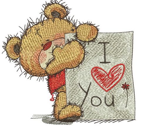 Teddy bear with I LOVE YOU board machine embroidery design