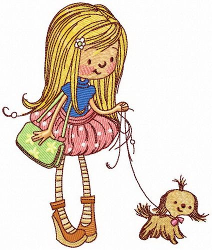 Girl with lapdog machine embroidery design