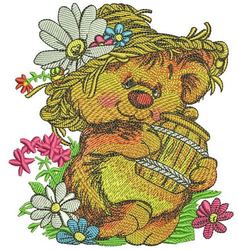 Rustic bear with honey pot machine embroidery design