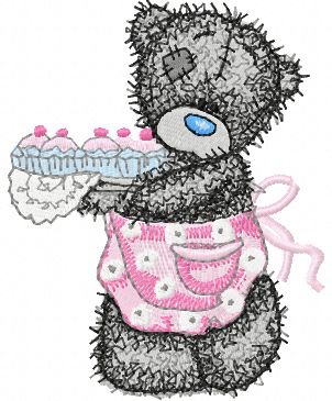 Teddy bear with cupcakes machine embroidery design