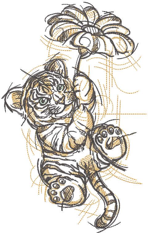 tiger cub flying on a flower embroidery design