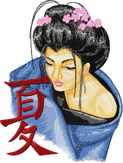 Geisha with Hieroglyphic machine embroidery design