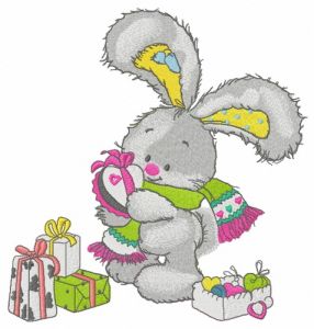Bunny opens gifts embroidery design
