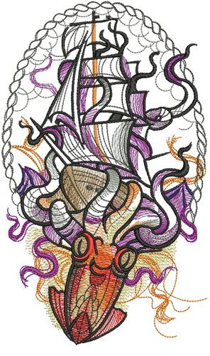 Caught by octopus machine embroidery design